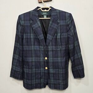 Lauren Ralph Lauren 100% Linen Blazer Plus Size 16 Vintage Y2K Black Watch Plaid